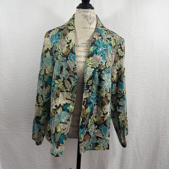 R.Q.T. Woman Jackets & Blazers - R.Q.T. Blazer Jacket Floral  Linen Rayon Blend 16W Long Sleeve Button Up